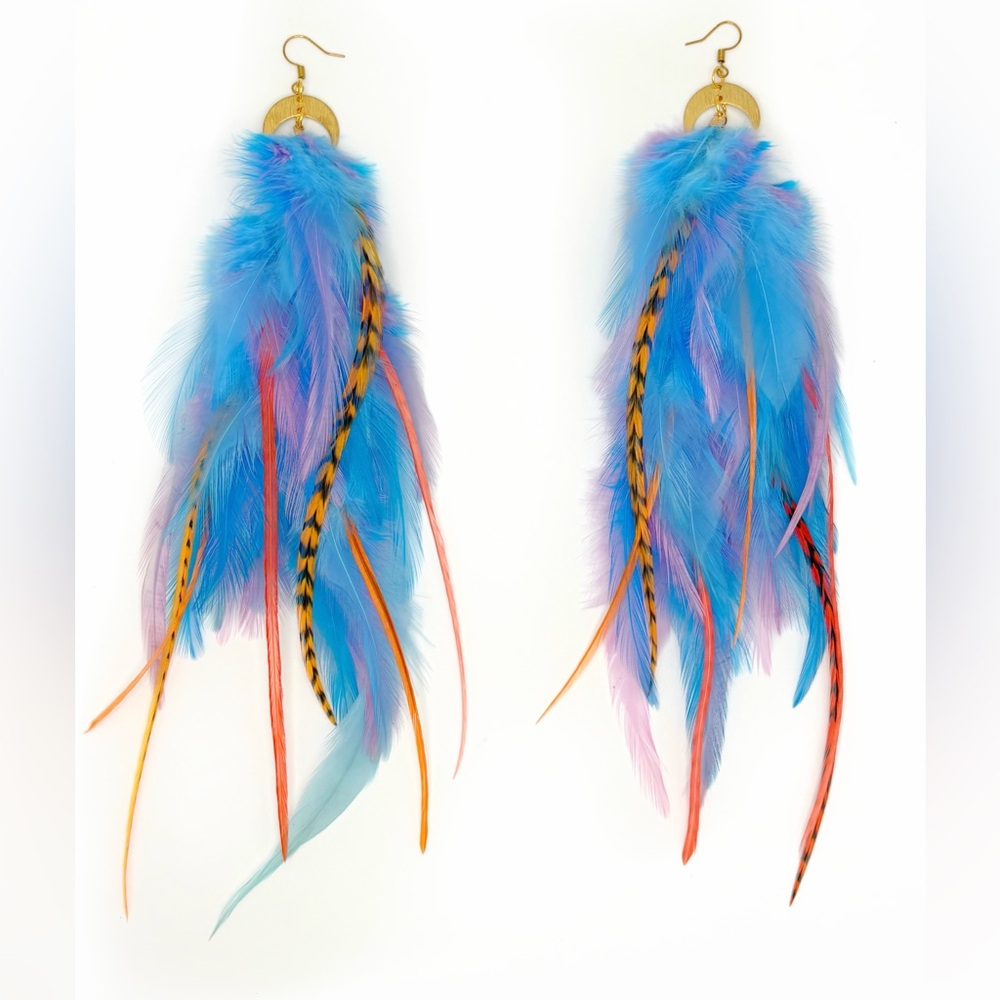 Vibrant Feather Earrings - blue & neon orange, gold crescent moon pendants